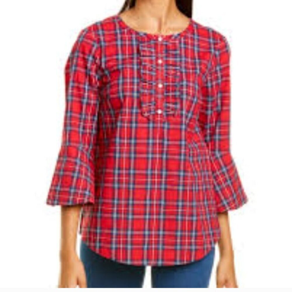 Draper James Red Plaid Blouse Size Large Peasant Bell Sleeve Elevated Casual